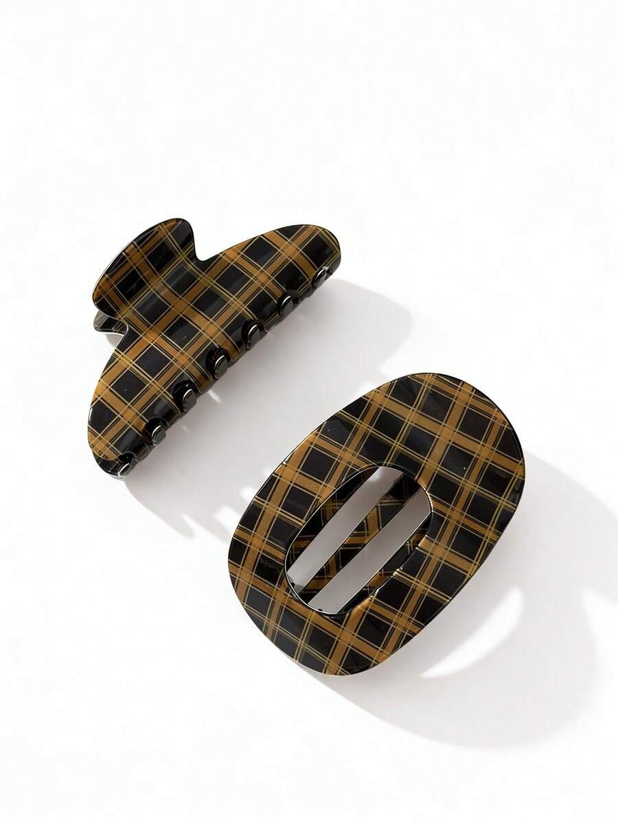 1pc Women's Vintage Color-Block Plaid Curved Large Hair Claw Clip Hair Accessory, Versatile For Daily/Date/Commute - Multicolor - View 1