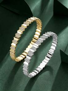 4pcs/Set Women's Geometric Tiered Rhinestone Bracelet & Ring Set, Luxury 3D Patchwork Design, Exquisite Sparkling Versatile Jewelry, Suitable For Banquet, Date, Wedding And Holiday Gift - S62619-jZ23846 - View 2
