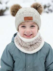 2pcs/Set 1-5Y Double Ball Letter Knit Hat + Plush Scarf 2 Pieces Set, Warm Autumn/Winter Outdoor Knit Hat Set - 2pcs - View 7