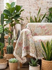 1pc Jacquard Pink Lily Pattern Tassel Sofa Cover, French Country Vintage Style Rectangular Design, No Installation Required, Dust-Proof, Anti-Slip, Anti-Scratch, Effectively Protects Sofa, Dirt-Resistant, Wear-Resistant, Sofa Dust-Proof Protector, Suitable For Multiple Sofa Models, Suitable For All Seasons - Multicolor - View 6