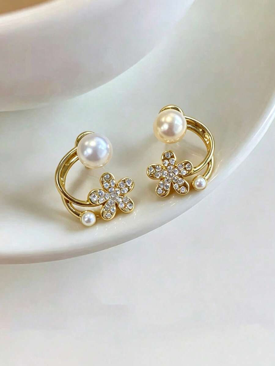 1 Pair Flower Faux Pearl Drop Earrings, Elegant Versatile Design, Fashion Lightweight Ear Accessories Suitable For Teenage Girls Daily And Holiday Wear - Gold - View 1