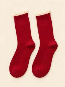 1 Pasang/2 Pasang/3 Pasang Kaos Kaki Ruffle Merah Vintage untuk Wanita, Kaos Kaki Ruffle Renda Lucu untuk Mata Kaki/Betis, Kaos Kaki Katun Bergaris Lembut dengan Manset Ruffle - Burgundy - View 12