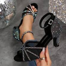 女款網紗水鑽高跟涼鞋，交叉鏤空開頭粗跟高跟鞋，踝帶扣環派對舞會涼鞋 - 黑色 - 查看 2