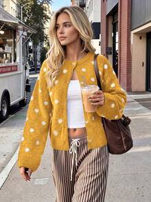 Nicenter Women's Yellow Polka Dot Fall Winter Wool Blend Crew Neck Button Front Long Sleeve Relaxed Cardigan Sweater, Cozy Elegant Daily Layering - Multicolor - View 1