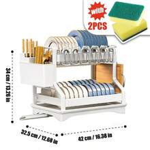 1PCS 2-Tier Carbon Steel Dish Drying Rack Dish Drainer Large Capacity With Drip Tray And Cutlery Holder, Space-Saving For Kitchen Counter - White - View 3