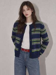 Jaket Kardigan Wanita Kasual Musim Gugur/Dingin Minimalis Retro Motif Garis-Garis Blok Warna Kerah Bulat - Navy Blue - View 1