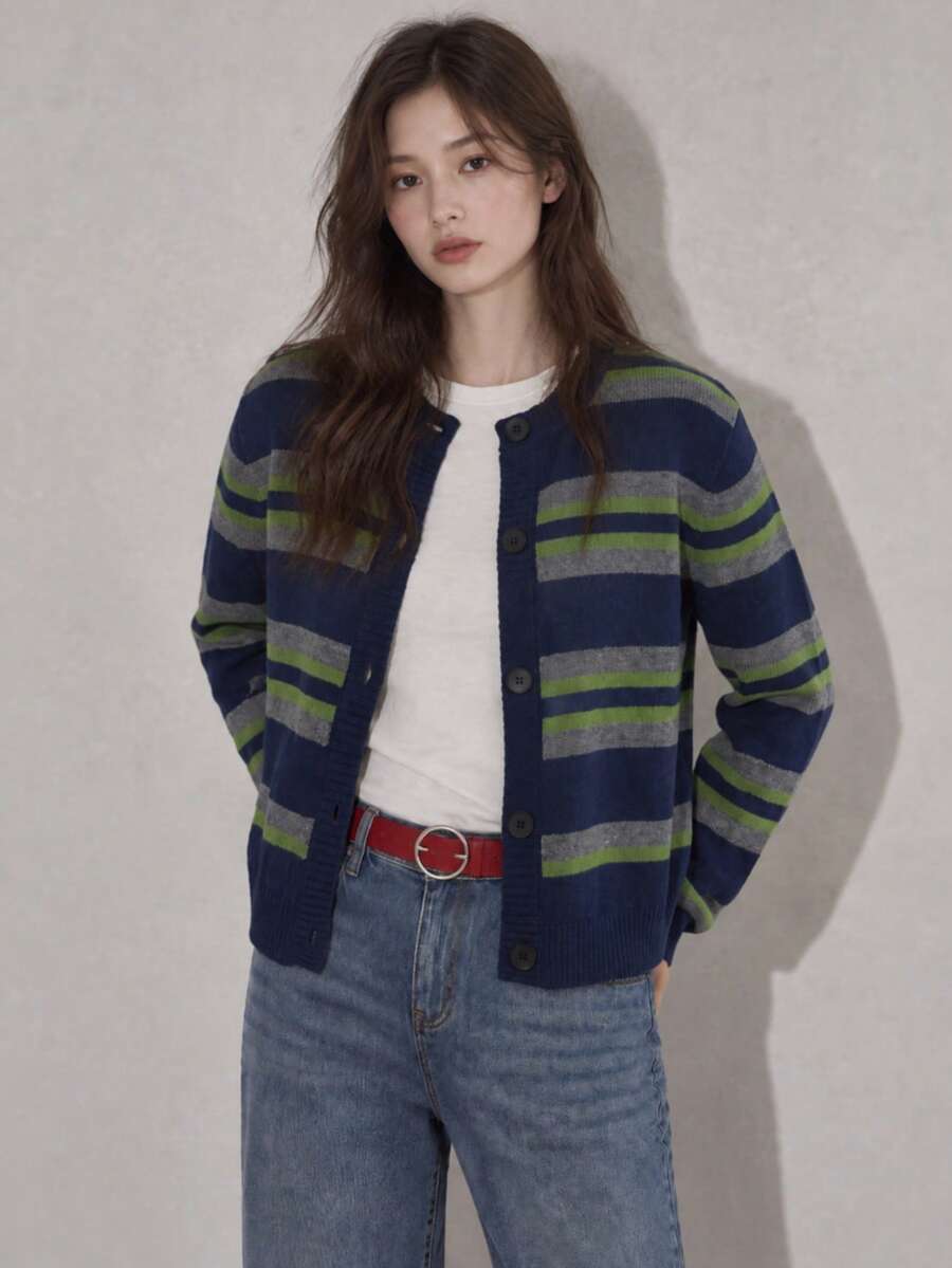 Jaket Kardigan Wanita Kasual Musim Gugur/Dingin Minimalis Retro Motif Garis-Garis Blok Warna Kerah Bulat - Navy Blue - View 1