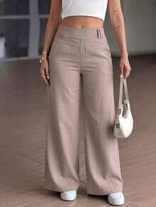 Women's Summer Autumn Basic High Waist Wide Leg Pants, Solid Color Office Business Casual Trousers, Linen Texture Loose Bottoms, Suitable For Back To School Season - Pink Apricot - View 6