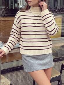 Women Summer Fall Black Stripe Turtleneck Loose Short Knit Sweater Top - Multicolor - View 7