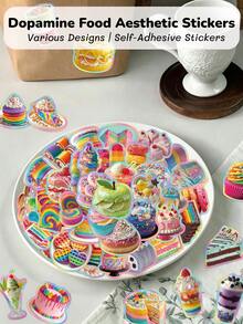 50pcs Dopamine Food Stickers, Including Rainbow Cake, Donut, Dessert Patterns, Suitable For Skateboard, Helmet, Scrapbook, Water Bottle, Motorcycle, Refrigerator, Etc., Perfect For DIY, Gift Decoration, Birthday Party Gift - Multicolor - View 9