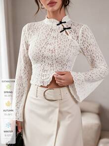 SUNSTORY Women's Autumn White New Chinese Style Frog Button Lace Short Fitted Long Sleeve Flared Top, Suitable For Dating, Party, Homecoming Dance, Daily Outfits - White - View 3