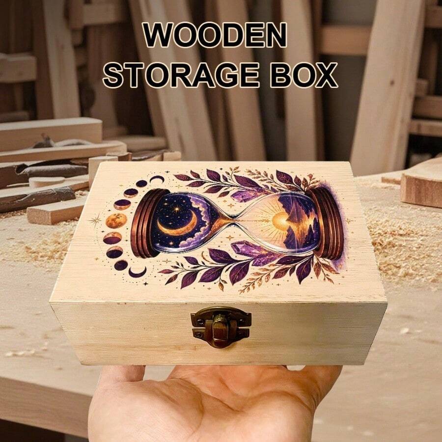 1pc Handmade Wooden Storage Box With Celestial Illustration, Gift Storage Box, Small Jewelry Organizer, Souvenir Storage Box, Suitable For Jewelry Collection, Desk Organization, Home Decor, Bohemian And Mysterious Style - Multicolor - View 1
