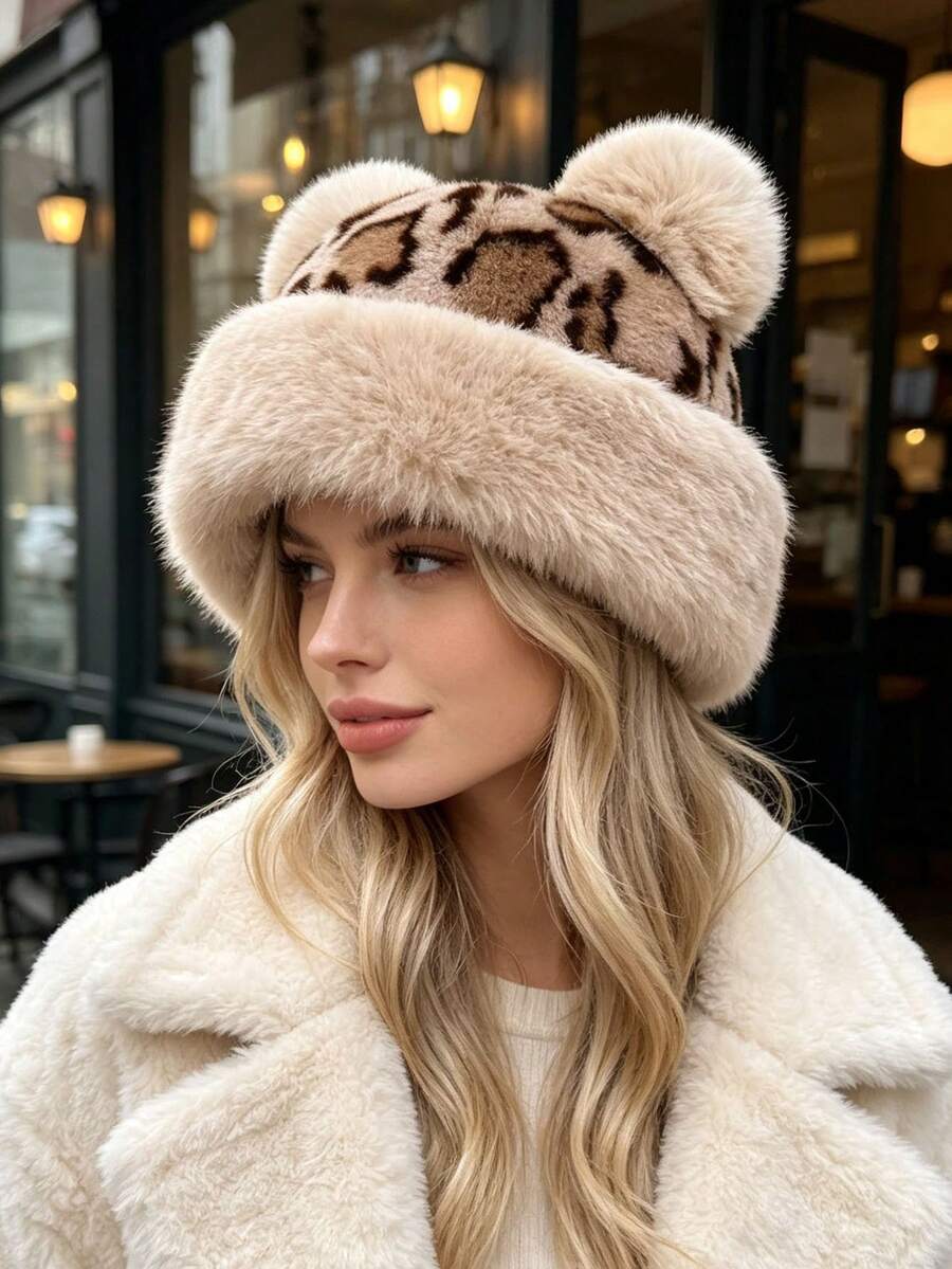1pc Cute Leopard Print Plush Knitted Bucket Hat With Bear Ears For Women, Fashionable Warm Ear Protection Hat For Autumn/Winter - A - View 1