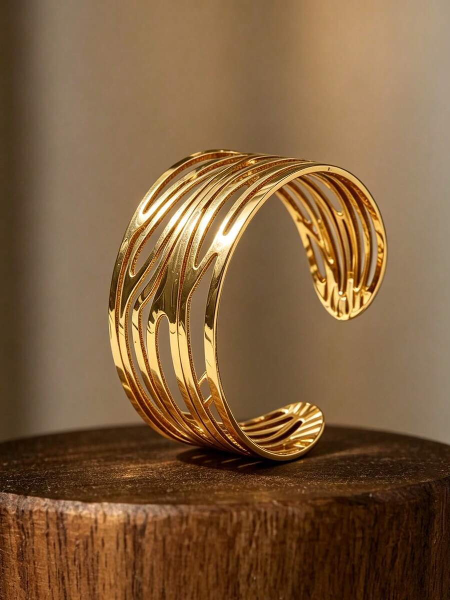 VceTd 1pc Fashion Style Stainless Steel Women's Bracelet With Geometric Line Design, Suitable For Dating/Party Wear - Yellow Gold - View 1