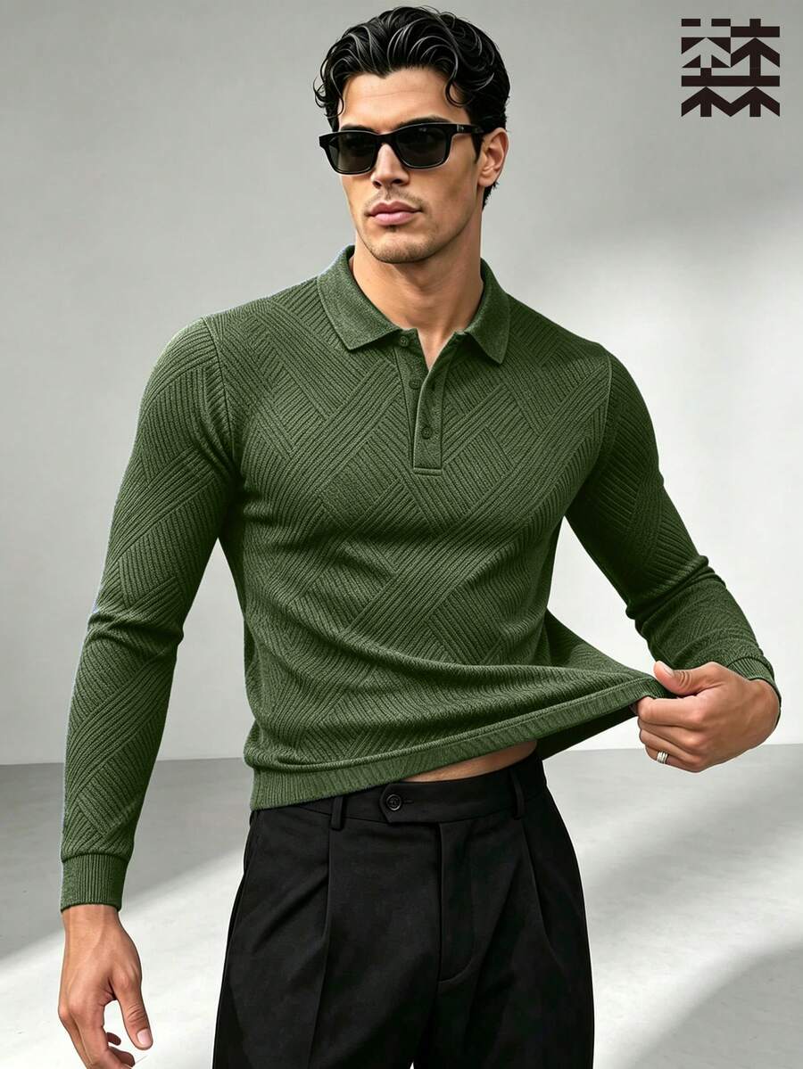 mulinsen Men's Geometric Diamond Grid Jacquard Lapel Polo Shirt Slim Fit Long Sleeved Knitted Base Shirt Commuting Versatile Top - Green - View 1