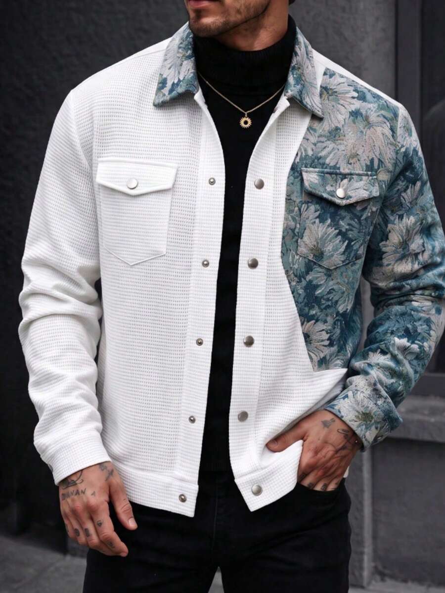 Men's Jacket Windbreaker, Vintage Patchwork Contrast Color Casual Outerwear With Pockets - Multicolor - View 1