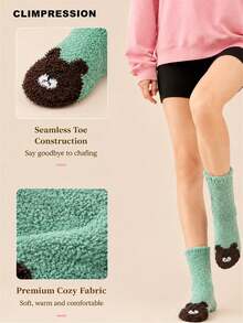 CLIMPRESSION Women's Plush Mid-Calf Socks, Cute Bear Toe Pattern Coral Fleece Socks, Soft Warm Fluffy Winter Home Sleep Floor Socks - Green - View 5