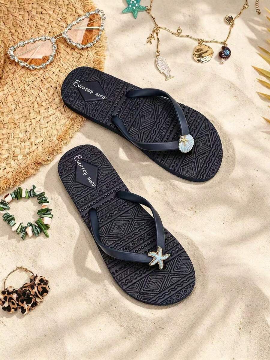 Evertop Surf Summer Ocean Style Oil Drop Shell & Starfish Decor Chain Square Toe Flat Slides AB Version Asymmetric Sandals Soft Sole Beach Vacation Bohemian Casual Street Style Original Design - Royal Blue - View 1
