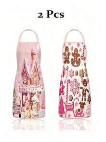 2Pcs/1pc Pink Christmas Kitchen Aprons, Gingerbread Man Gingerbread House Printed Adjustable Bib Apron, Waterproof Cooking Baking Apron For Christmas Holiday Party Decor Xmas Gift - Multicolor - View 1