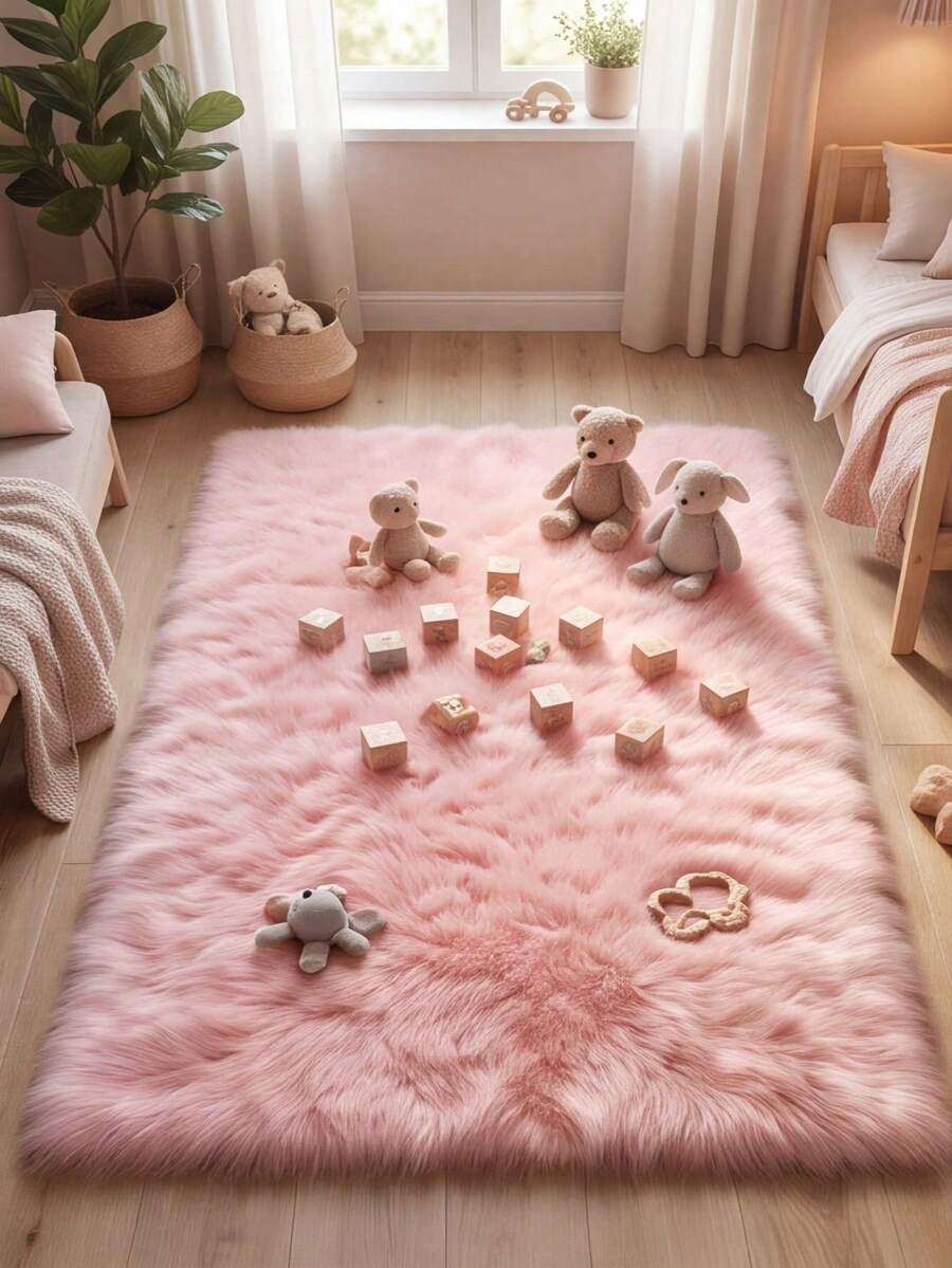 1pc Washable Non-Slip Pink Square Faux Long Pile Decorative Rug, Thickened Long Pile Suede Plush Anti-Slip Bottom, Bedroom Bedside Carpet, Princess Style Decor Item, Suitable For Living Room, Bedroom, Bedside, Vanity, Children's Room And Other Home Scenes, Gentle And Sweet, Enhancing Home Happiness, All Season Daily Use, Carpet, Rug, Carpet Living Room, Kitchen Mat, Carpet For Bedroom, Bathroom Mat, Rug Bedroom, Room Decor, Rugs For Living Room, Kitchen Rug, Washable Rug, - Pure Pink - View 1