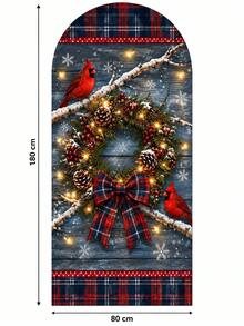 Arched Christmas Photo Backdrop 80*180cm, Vintage Wooden Plaid Design With Santa, Reindeer, Gingerbread Man And Pine Wreath, Holiday Party Background Decor For Wall And Room Decoration - A - View 9
