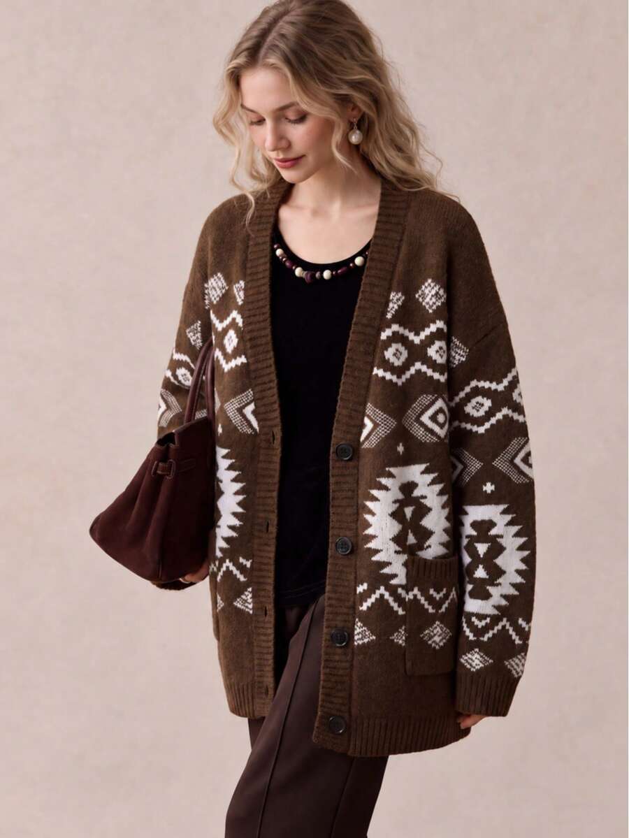 Women's Bohemian Style Knitted Cardigan, V-Neck, Button Front, Long Sleeve, Ribbed Knit Short Sweater, Suitable For Autumn/Winter Wear - Brown - View 1
