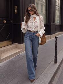 Women's Vintage Lace Semi-Sheer Ribbon Top, Early Autumn Long Sleeve Atmospheric Cuffed Button Decor Elegant Fashion Top, Suitable For Commuting, Dating, Tea Party, Airport - Apricot - View 7