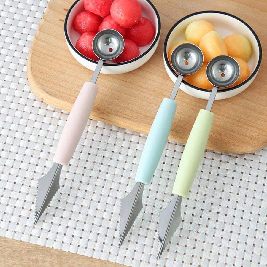 1pc Stainless Steel Fruit Scooper Watermelon Cutter Ball Spoon Ice Cream Scoop Fruit Divider Carving Knife - Pink - View 1