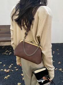 Vintage Distressed Zipper Bag, Metal Chain Texture One Shoulder Crossbody Niche Commuter Women's Handbag - Coffee - View 4
