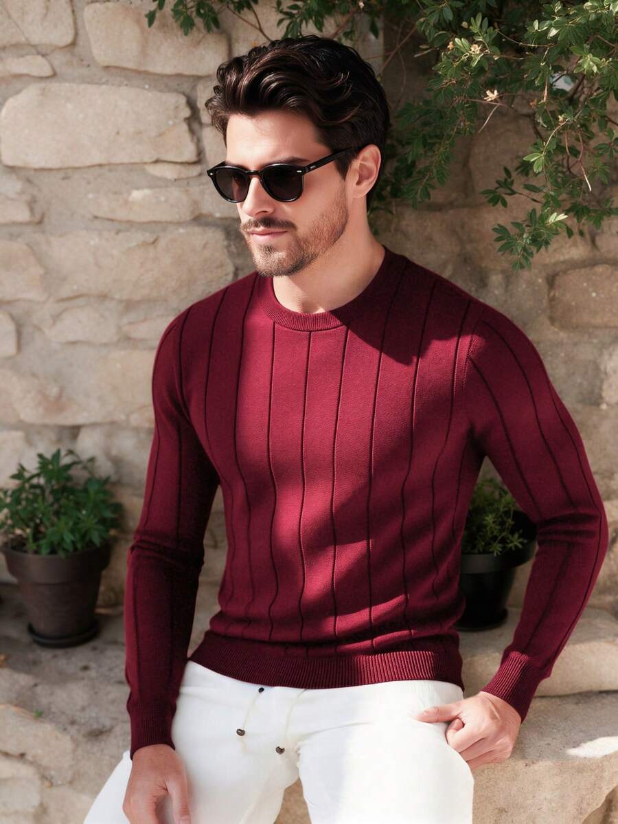 ALTZTAR Men's Casual Ribbed Knit Sweater, Round Neck, Minimalist & Fashionable For Daily Wear - Red Violet - View 1