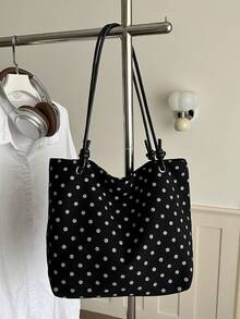 Corduroy White Polka Dot Shoulder Tote Bag - Black - View 3