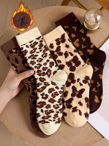 2 Pairs Women's Mid-Calf Socks, Burgundy Leopard Print Warm Thickened Socks, Suitable For Autumn/Winter Wear - Multicolor - View 2