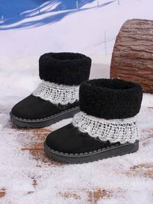 女童蕾絲飾邊雪地靴，冬季保暖內裡兒童靴，軟底幼兒踝靴 - 黑色 - 查看 2