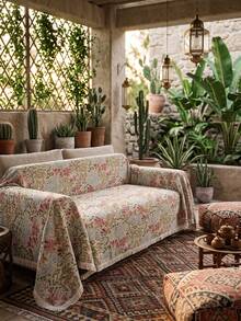 1pc Jacquard Pink Lily Pattern Tassel Sofa Cover, French Country Vintage Style Rectangular Design, No Installation Required, Dust-Proof, Anti-Slip, Anti-Scratch, Effectively Protects Sofa, Dirt-Resistant, Wear-Resistant, Sofa Dust-Proof Protector, Suitable For Multiple Sofa Models, Suitable For All Seasons - Multicolor - View 9