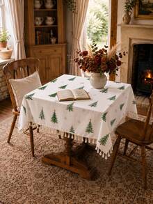1pc Christmas Winter Minimalist Christmas Tree & Snowflake Pattern Polyester Cotton Lace Tablecloth, Stain-Resistant With Tassel Fringe, Suitable For Square/Round Tables, Kitchen, Dining Table, Coffee Table, TV Cabinet, Entryway, Party Holiday Decoration, Home Decor, Christmas Gathering - Multicolor - View 8
