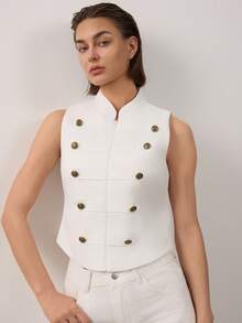Sleeveless Stand Collar Button-Front Tweed Vest Top White Summer - White - View 3