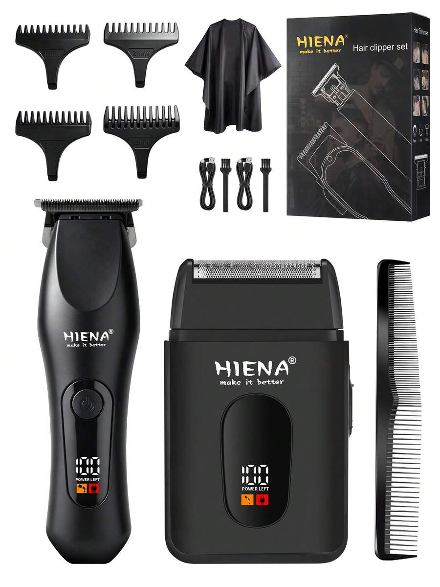 HIENA Men's Hair Clipper & Trimmer Electric Set, Cordless Hair Clipper + Reciprocating Shaver, Suitable For Carving, Trimming, Facial Shaving, USB Fast Charging, LED Display, Home Gift, Holiday Gift - Black - View 1
