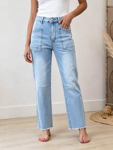 Design Flat Pocket Solid Color Casual Slim Fit Denim Cropped Pants - Light Wash - View 6