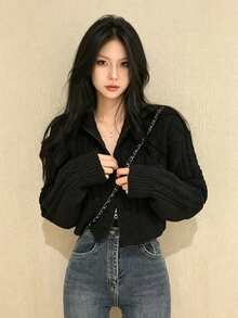 YCYC 女款長袖休閒雙拉鍊短版針織開襟衫 - 黑色 - 查看 5