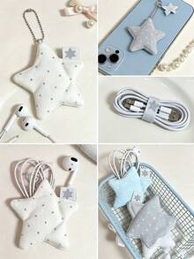 Korean Style Polka Dot & Star Earphone Storage Bag, INS Style Cute Fabric Data Cable Organizer Pouch, Compact Portable Cable Storage Bag, Creative Girl Heart Pendant Earphone Protective Case, Small Gift For Best Friend & Girls On Holidays - Multicolor - View 8