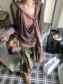 Casual Vibe Draped Neck Plaid Ribbon Patchwork Ruffle Collar 2 In 1 Long Sleeve Autumn/Winter Women's Top - Mocha Brown - View 5