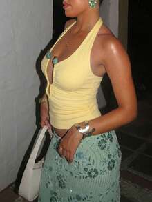 Top de playa para vacaciones sin espalda con cuello halter amarillo de verano - Amarillo - Ver 3
