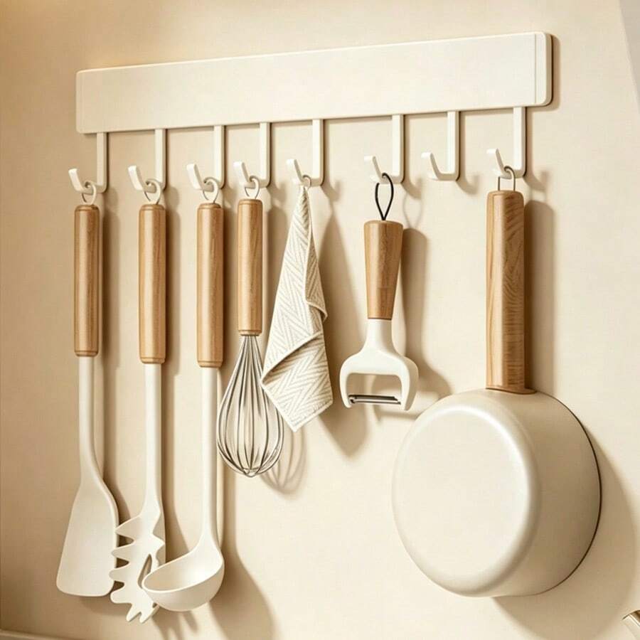 1pc,Command Strip Kitchen Utensil Rack, No Drill Adhesive Wall Mounted Hanging Hook Bar With Multiple Hooks, Peel And Stick No Trace Utensil Holder For Spatula, Whisk, Peeler, Ladle & Towel, Space Saving Organizer For Kitchen, Cabinet & Wall - A - View 1