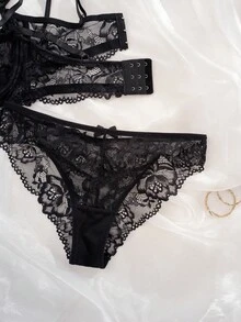 1 Set Women's Lace Patchwork Bow Underwire Thin Cup Comfortable Lingerie Set - Black - View 6