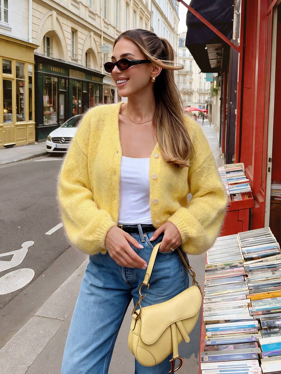 Women Yellow Solid Color V-Neck Front Button Long Sleeve Cardigan, Soft Knit Regular Fit Autumn Cardigan For Daily Work & Going Out - Yellow - View 1