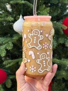 Soft Pink Gingerbread Man Print Glass Straw Cup, With Pink Lid And Transparent Glass Straw, Printed With Snowflake, Candy Cane And Small Heart Patterns, Large Capacity Design, Suitable For Iced Coffee And Fruit Tea, Full Of Sweet Christmas Atmosphere - Multicolor - View 2