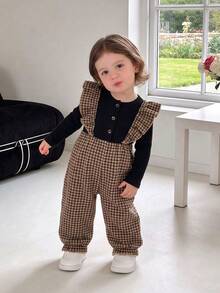 Baby Girl Early Autumn Sweet Cute Plaid Lace Long Sleeve Front Half-Open 2 In 1 Jumpsuit Jumpsuit, Suitable For Daily Outdoor Commute, Baby Outing, Versatile Crawl Suit - Black - View 1