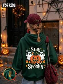 Halloween Autumn Winter Girls' Hooded Fleece Sweatshirt With Pumpkin, Ghost, Candy Print And "Stay Spooky" Text, - Dark Green - View 3
