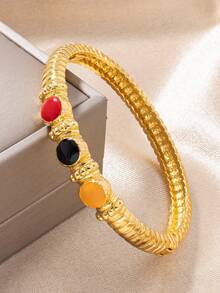 Letingsha 2pcs Luxury Vintage Textured Colorful Enamel Gold-Plated Bracelet & Ring Set, Suitable For Women's Daily Wear, Wedding, Party And Holiday Gift - Multicolor - View 8