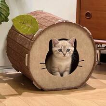 1pc Tree Stump Shaped Felt Cat Bed, 3-In-1 Multifunctional Cat Cave Hideout With Leaf Cat Scratching Pad, Comfortable Enclosed Pet Resting Bed, Suitable For Kittens And Adult Indoor Cats, Durable And Sturdy Pet Furniture - one-size - View 8